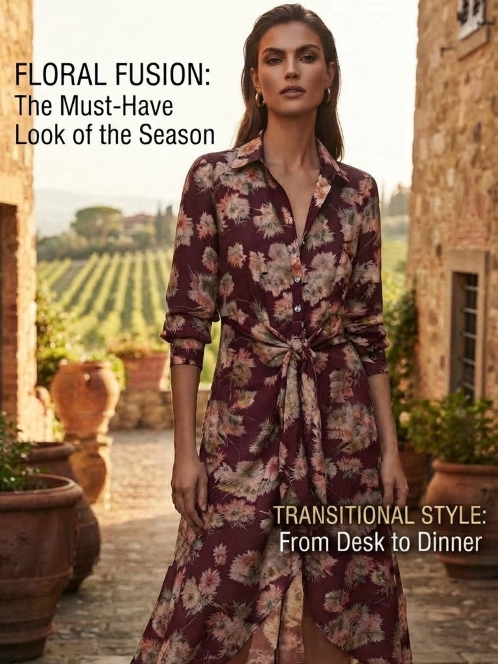 STUNNING! Cinq à Sept Burgundy Floral Midi Shirt Dress Sz 8 🌸